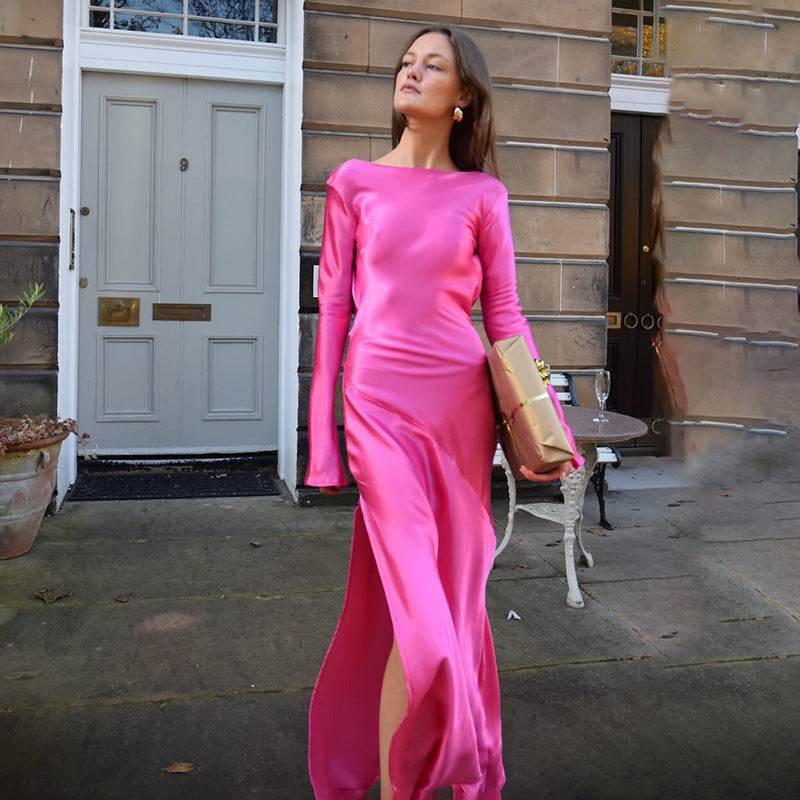 Trendy Long-sleeve Stitching Satin Formal Dress - Velora