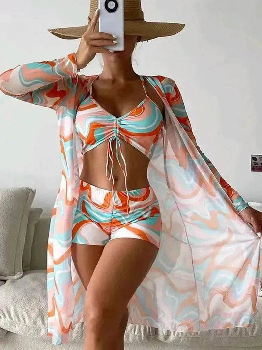 3pcs Pring Bikini With Long Sleeve Cardigan Fashion Summer Beach Swimsuit Women - Velora