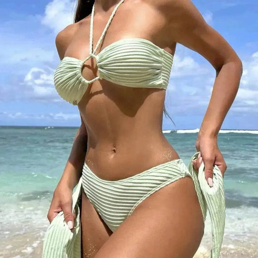 3pcs Solid Color Stripe Swimsuit Charming Summer Beach Bikini Set Womens Clothing - Velora