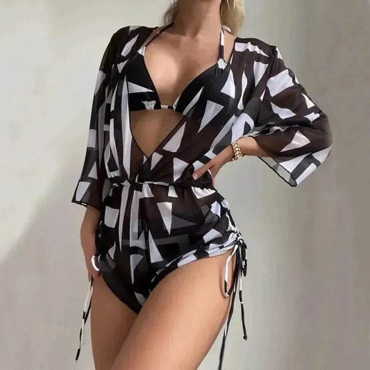 3pcs V-neck Swimsuit Suits Summer Leaf Print Waist-tie Bikini Fashion Long-sleeved Beach Sun-protection Clothing Womens - Velora