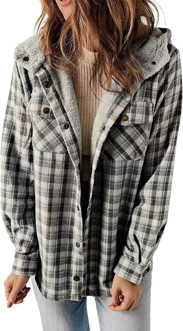 Casual Plaid Hooded Woolen Coat Thickened Fleece-lined Warm Jacket - Velora