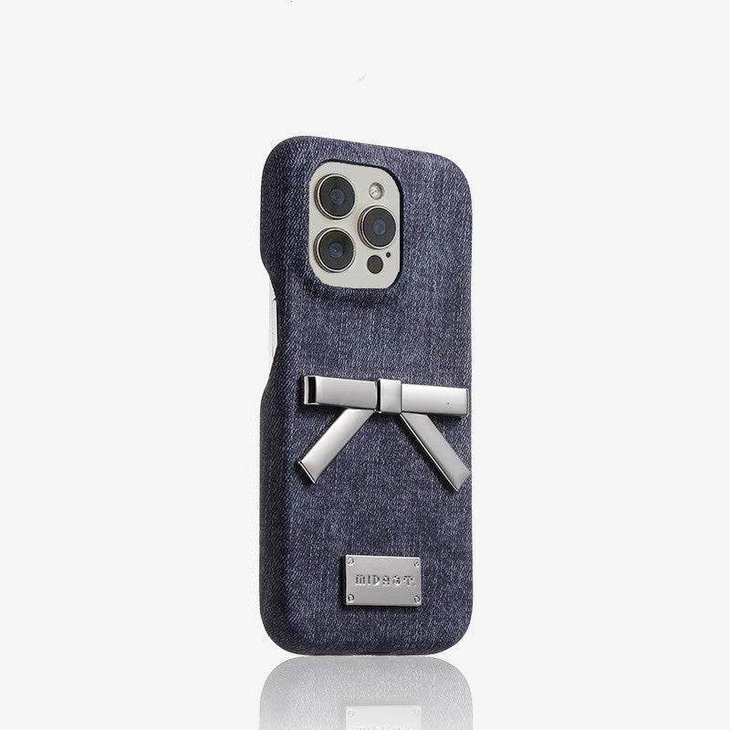 White Denim Metal Bow Anti Drop Silicone Phone Case - Velora