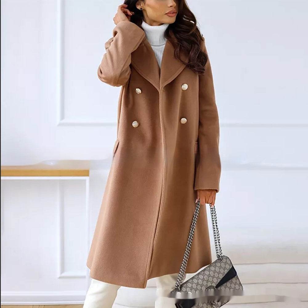 Simple Double Breasted Woolen Coat For Women - Velora