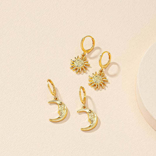 Popular Ornament Sun Moon Face Crescent Trendy Earrings - Velora