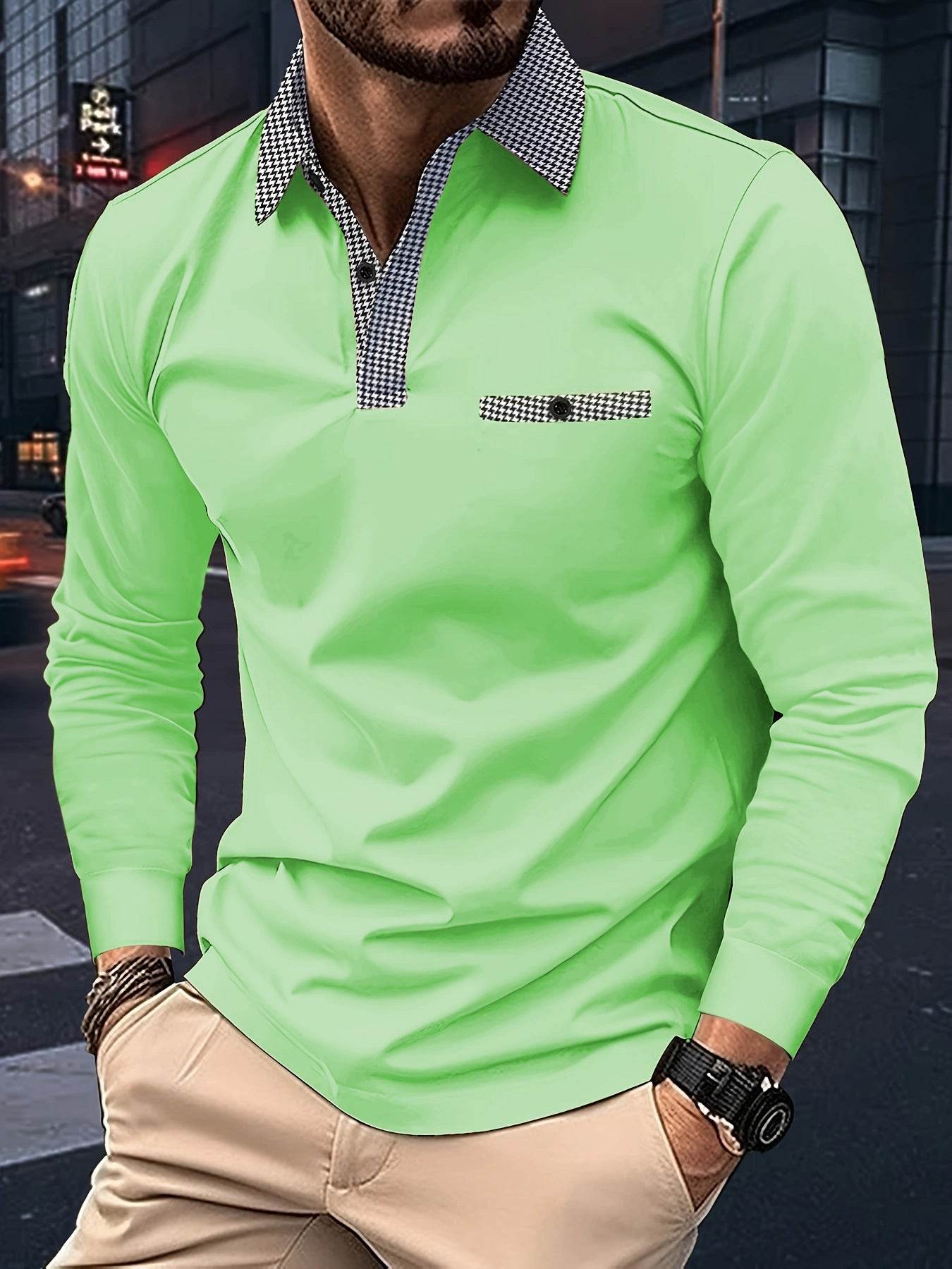 Leisure Plaid Lapel Polo Shirt Fashion Solid Color Long Sleeve Tops Men's Clothing - Velora