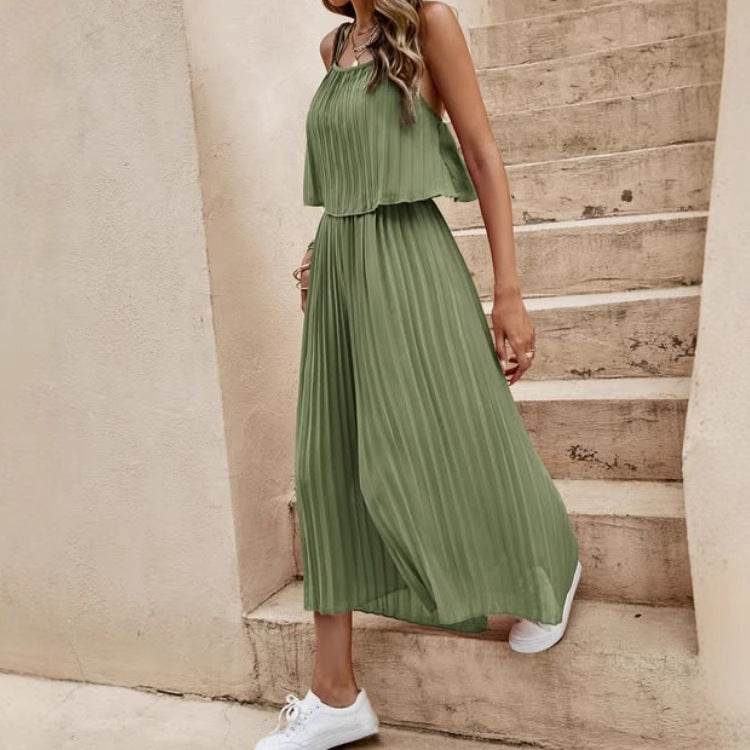 Women's Summer Solid Color Vacation Loose Suit Strap Backless Thin Romper Streetwear INS One-Piece Outfit Beach Style Striped Wide Leg Trousers Casual Suit - Velora