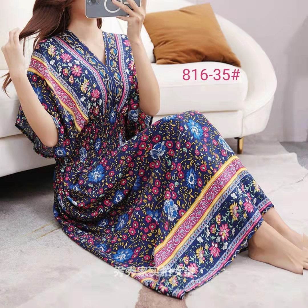 Cotton Silk Floral Dress Women's Summer Ethnic Style V-neck Short Sleeve Pastoral Style Skirt - Velora