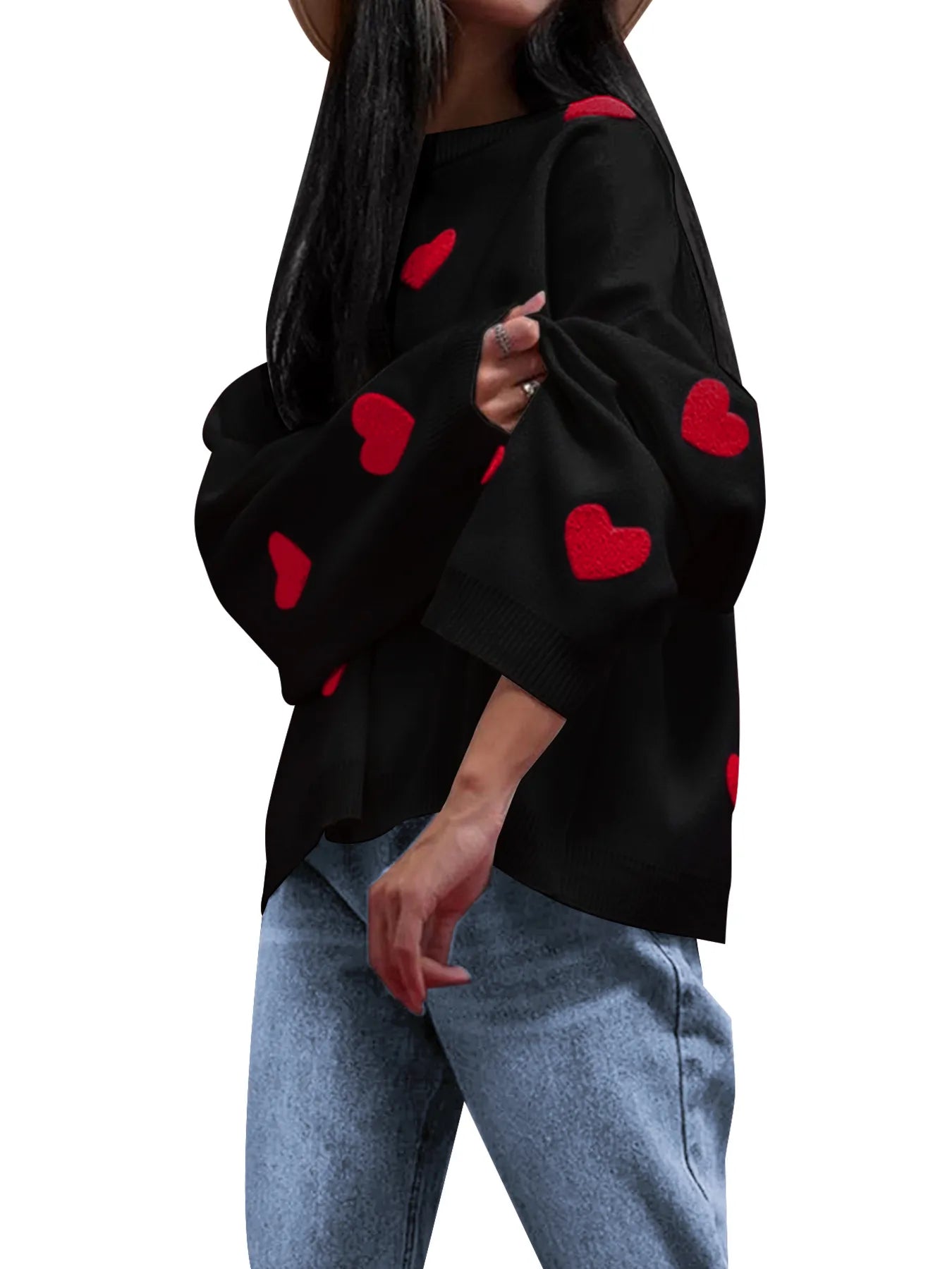 Heart Round Neck Long Sleeve Sweater - Velora