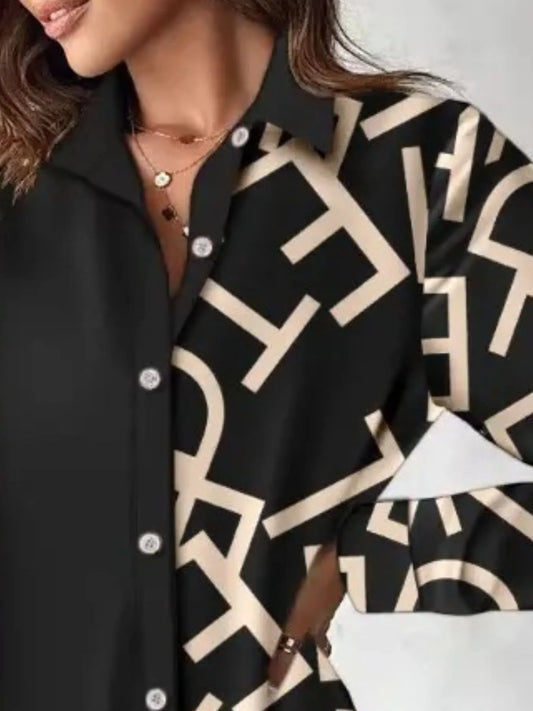 Printed Button Up Long Sleeve Shirt Dress - Velora