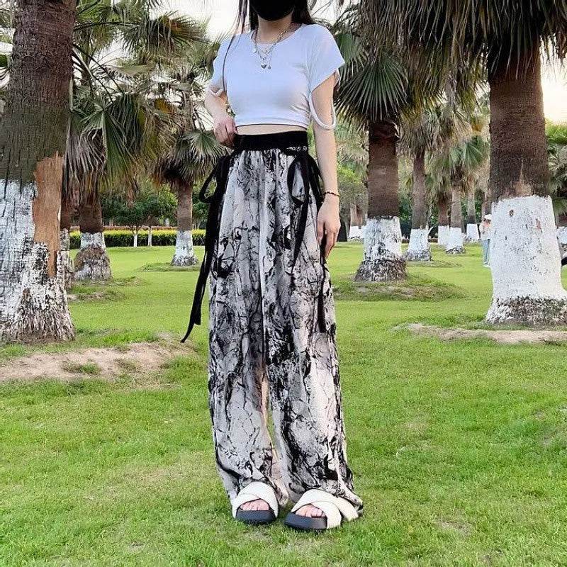 New Painting Ice Silk Wide-leg Baggy Trouser Pants Summer Women - Velora