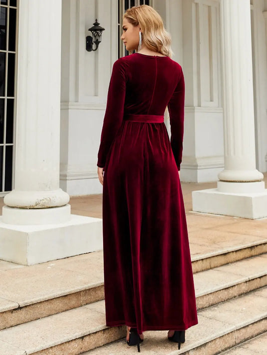 Tie Front Round Neck Long Sleeve Maxi Dress - Velora