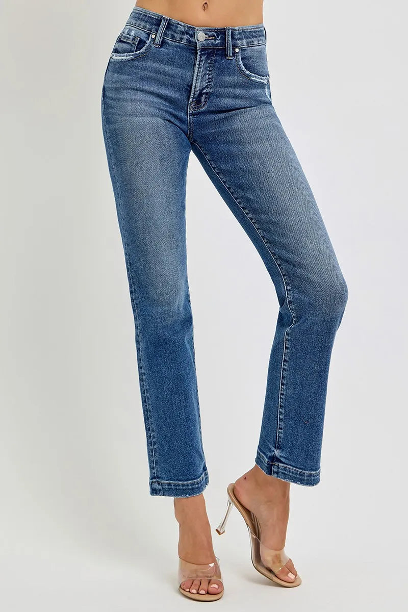 RISEN Full Size Tummy Control Elastic Band Mid Rise Straight Jeans Plus Size - Velora