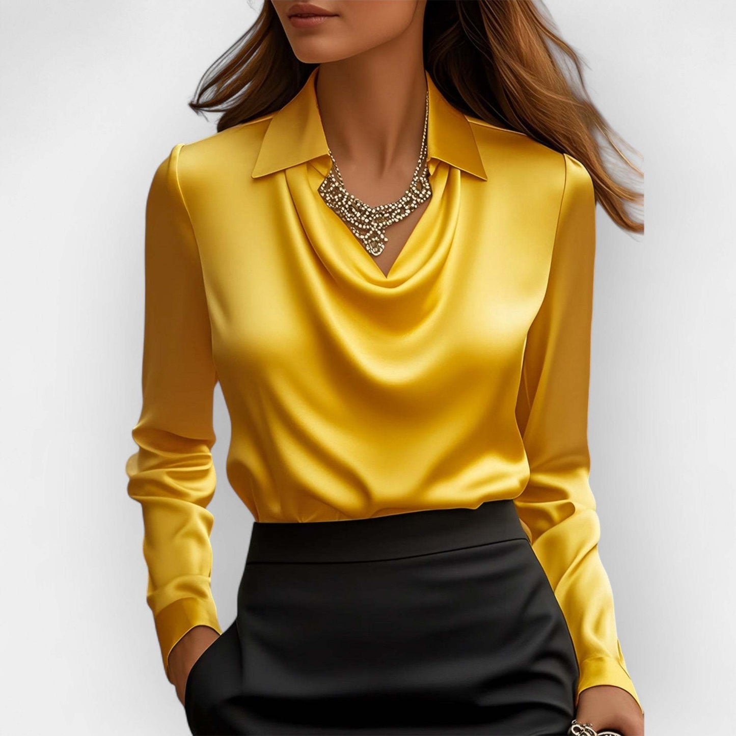 Women's Swing Collar Draped Shirts & Blouses Elegant Solid Satin Office Ladies Top Pullover Spring Long Sleeve Casual Tops - Velora
