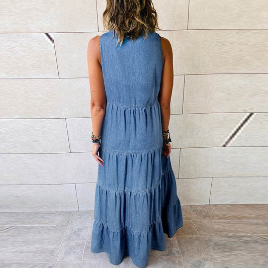 Women's Sleeveless Denim Fashion Retro High Waist Layered Dress - Velora