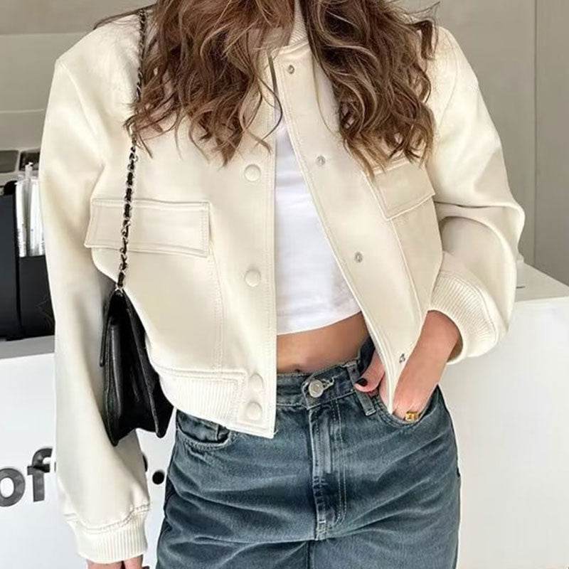 Fashion Button Stand-collar Jacket With Big Pockets Casual Loose Short Outwear Tops Coat For Women Clothing - Velora
