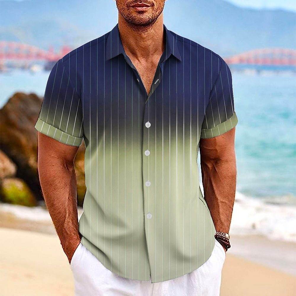 Lapel Button Short-sleeved Shirt Summer Fashion Gradient Striped Print Beach Shirt Leisure Tops Men's Clothing - Velora