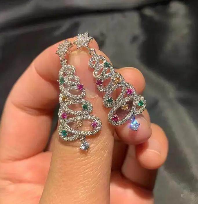 New Full Inlaid Colorful Zircon Christmas Tree Tassel Earrings Women's Fashion Personality Earrings Party Jewelry Christmas Gift - Velora