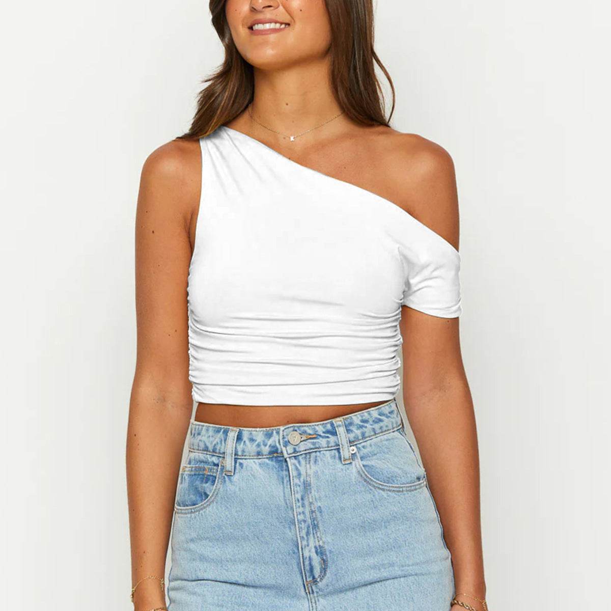 Slim One-shoulder Oblique Collar Crop Vest Summer Sexy Off-shoulder Pleated Irregular Top Womens Clothing - Velora