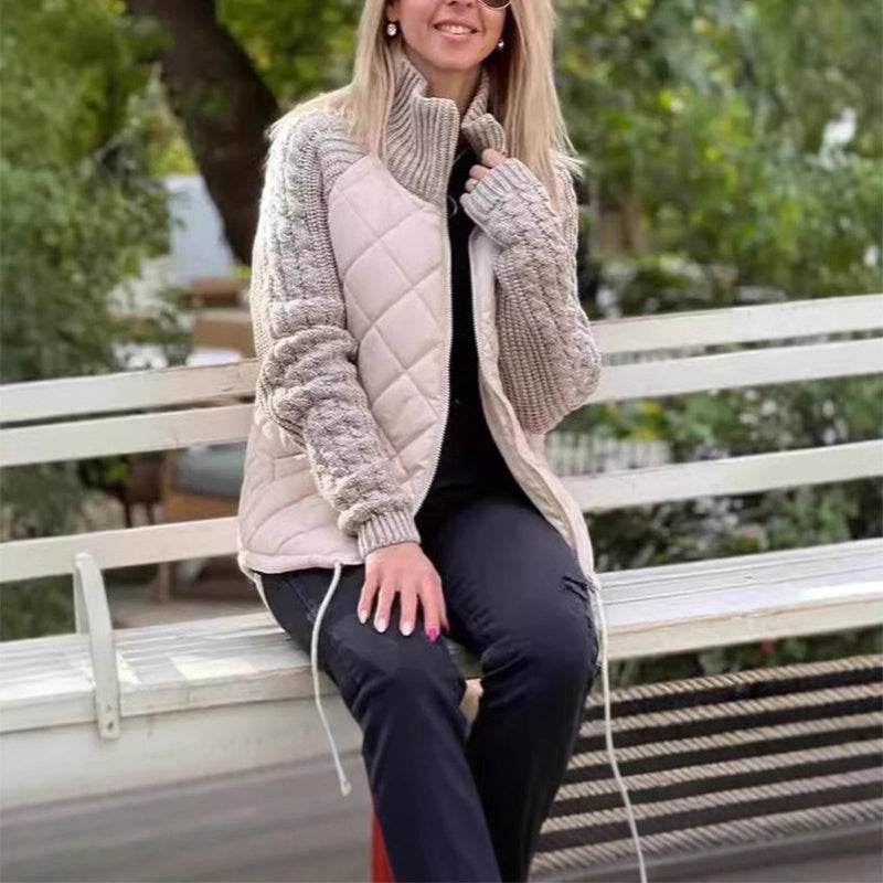 Stand Collar Cotton Jacket With Pockets Fashion Knitted Stitching Zipper Coat Winter Warm Tops For Women - Velora