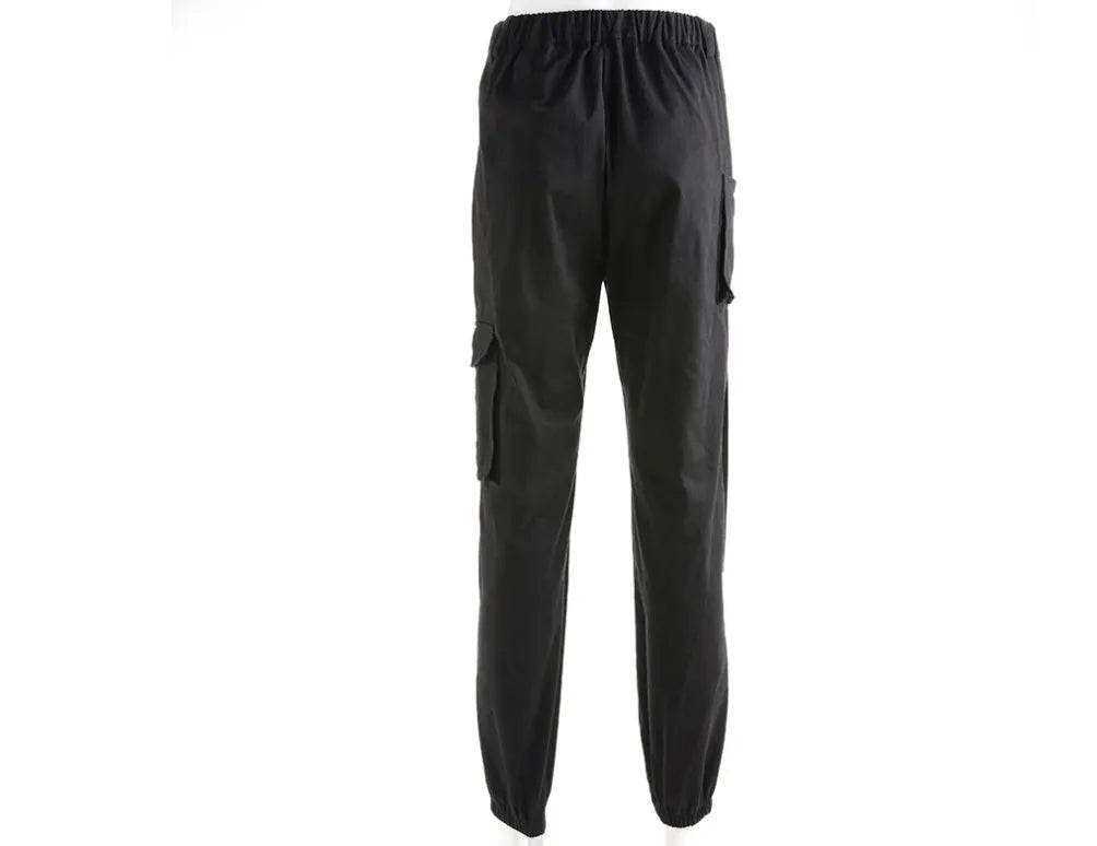 Women Black High Waist Pencil Pants Pockets Patckwork Hollow Out Pants Fashion Women Streetwear Cargo Pants Women Pants - Velora