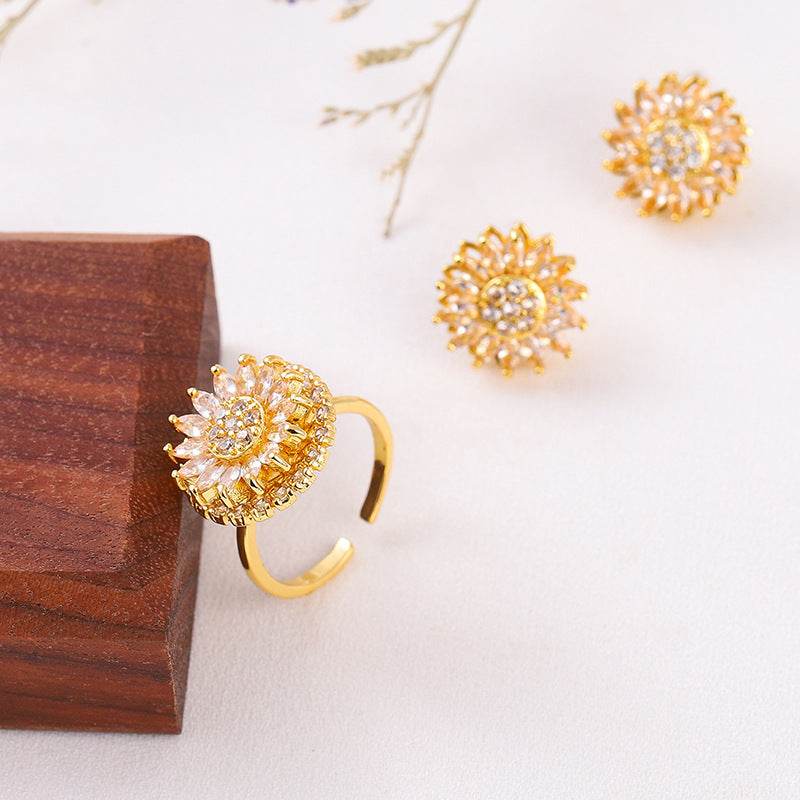 Classic Charm Sunflower Flower Stainless Steel Necklace Earrings Fashion Exquisite Micro Seed Jewelry Ring - Velora