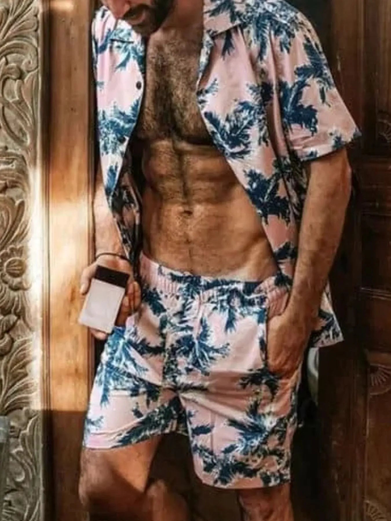 Men's Full Size Tropical Print Hawaiian Style Top and Shorts Set Plus Size - Velora