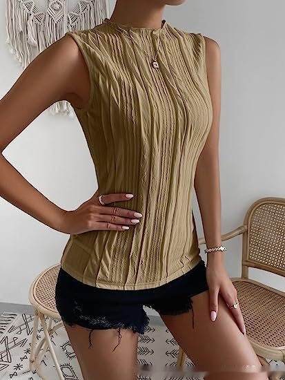 Women's Half Turtleneck Wide Pattern Vest Summer Retro Chic Sleeveless Top - Velora
