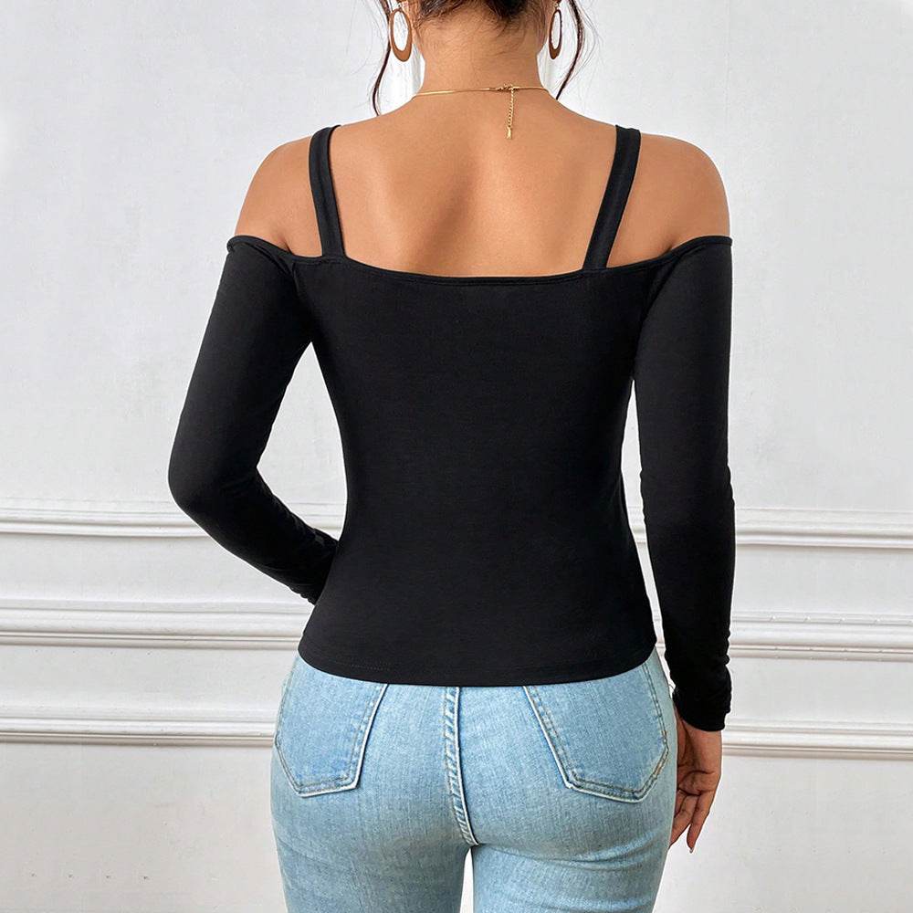 Women's Spring And Summer Fashion Simple Suspender Off-Shoulder Metal Hook Long-Sleeved Sexy Top - Velora