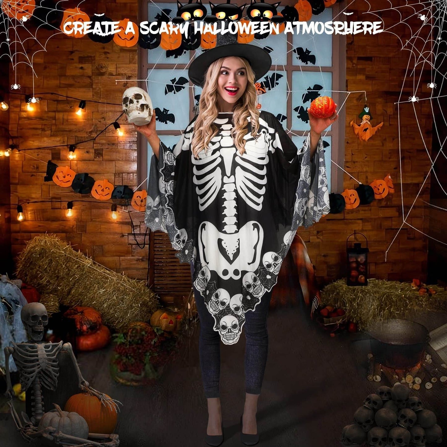 Halloween Lace Poncho Plus Size Halloween Skeleton Cape Day Of The Dead Costumes For Women 59 Inches X 59 Inches -Selling On Amazon Is Prohibited - Velora