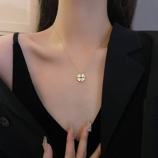 Luxury Four Leaf Clover Pendant Necklace Stainless Steel Crystal Heart Jewelry For Women Gift - Velora