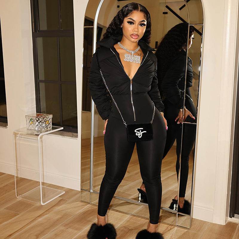 Fashion Stretch Pure Color Tight Zipper Thermal Cotton Suit One-piece Trousers - Velora