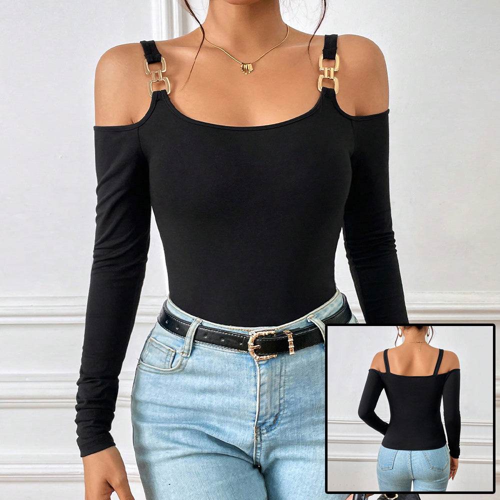 Women's Spring And Summer Fashion Simple Suspender Off-Shoulder Metal Hook Long-Sleeved Sexy Top - Velora