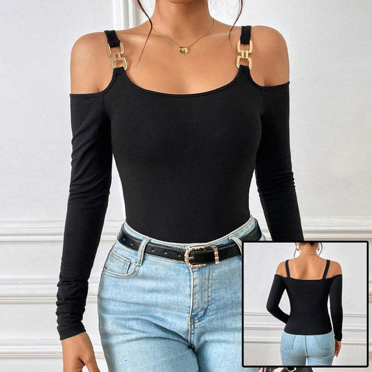 Women's Spring And Summer Fashion Simple Suspender Off-Shoulder Metal Hook Long-Sleeved Sexy Top - Velora