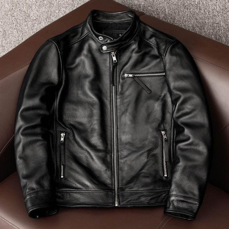 Leather Men's Stand Collar Leather Jacket Coat Youth - Velora