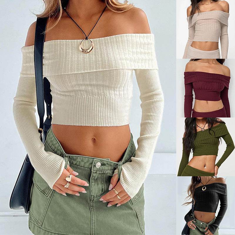 Boat Neck Long Sleeve Knitted Sweater Off-shoulder Crop Short Top SFor Womens Clothing - Velora