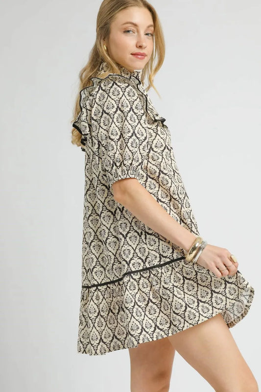 Umgee Ruffled Printed Puff Sleeve Mini Dress - Velora