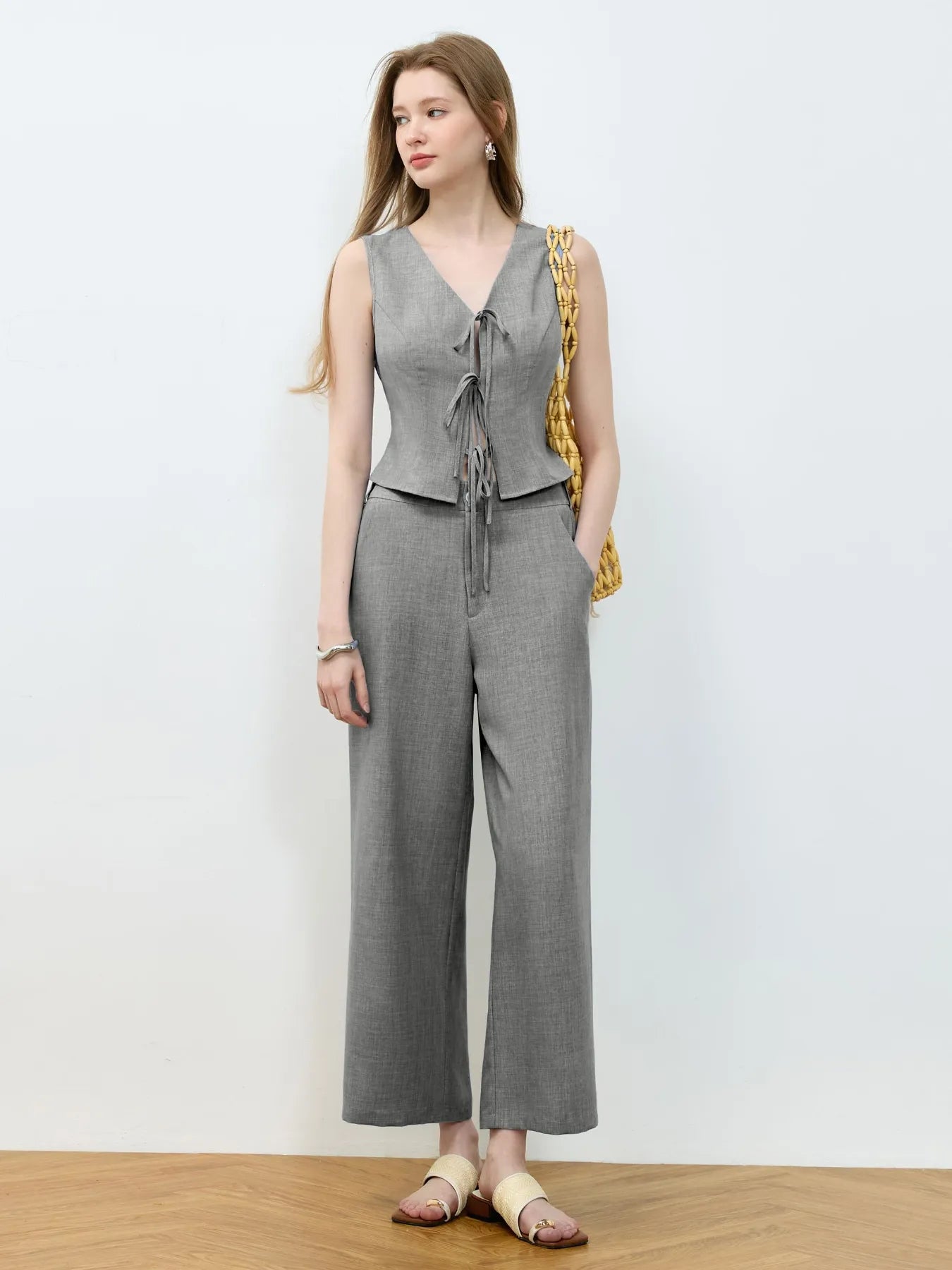 Tie Front Vest and Wide Leg Pants Set - Velora
