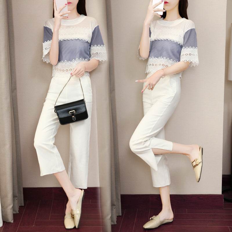 summer new female fashion suit spring and autumn fashion Korean version of temperament, slim waist waist leg pants two sets - Velora