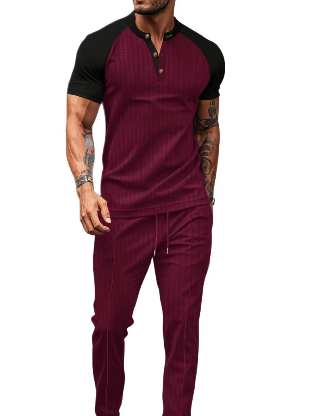 Men's Full Size Waffle-Knit Contrast Top and Drawstring Pants Set Plus Size - Velora