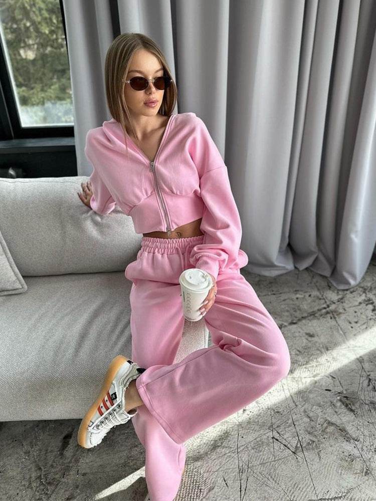 Long Sleeve Zipper Hooded Sweater Solid Color Laced Pants Two-piece Set - Velora