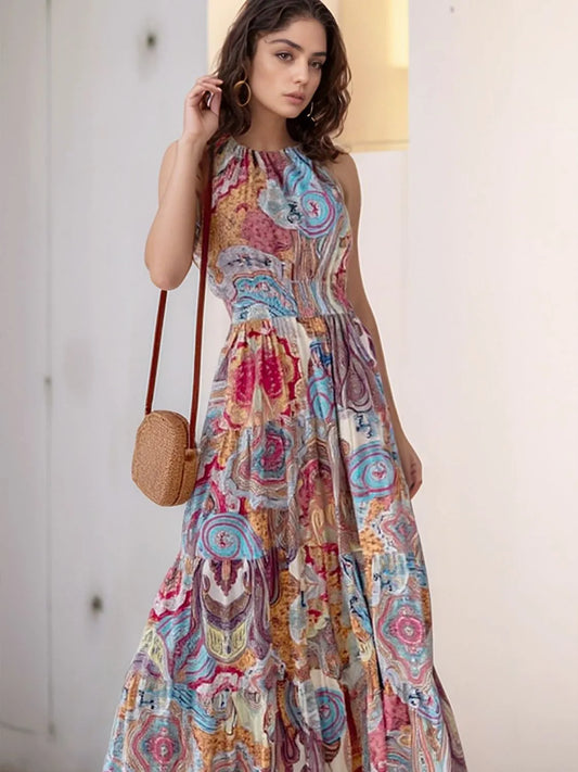 Printed Halter Neck Maxi Dress - Velora