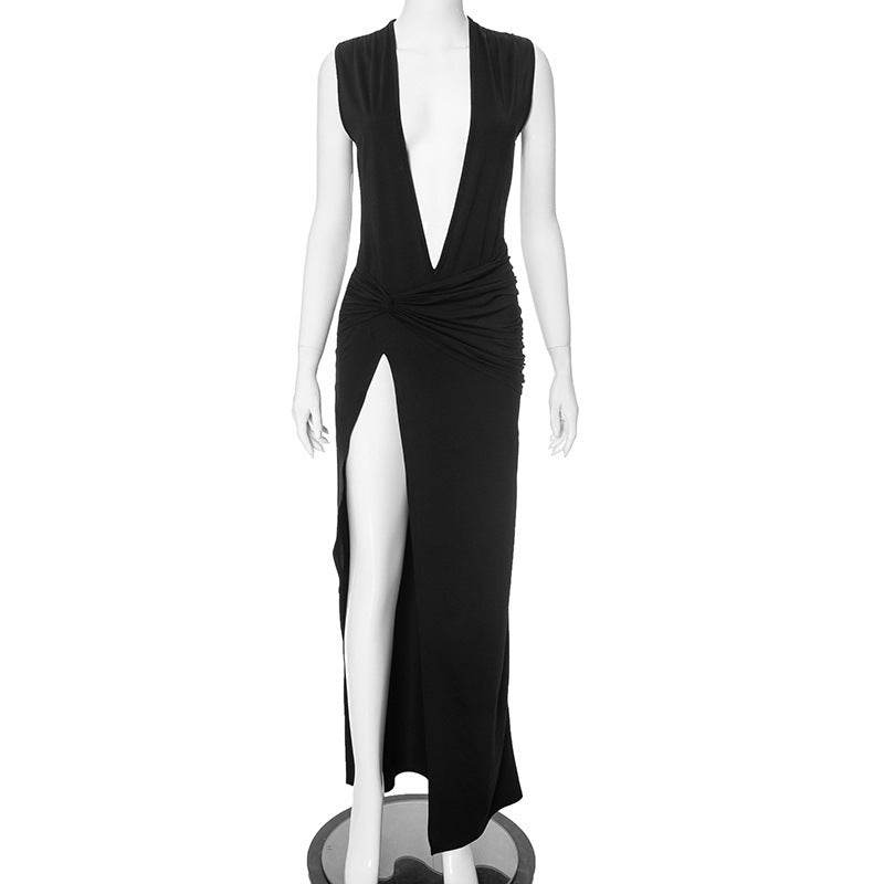 Solid Color Ultra Low Bosom Sexy Sleeveless Split Dress - Velora
