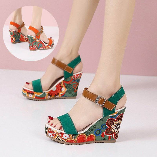 Fashion Flowers Embroidered High Wedge Sandals For Women Summer Toe Platform Buckle Shoes - Velora