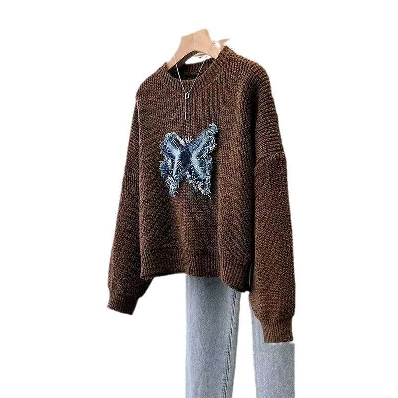 Tassel Denim Pattern Round Neck Sweater Top - Velora