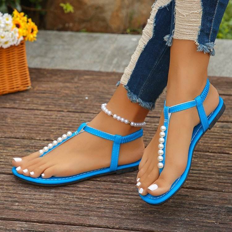 Pearl Thong Sandals Summer Fashion T-Strap Flat Sandals With Elastic Band Beach Shoes For Women - Velora