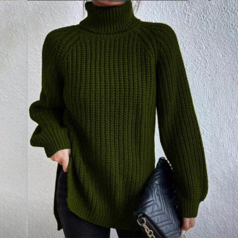 Turtleneck Pullover Sweater With Split Design Fashion Simple Solid Color Long Sleeve Tops Women's Clothing - Velora