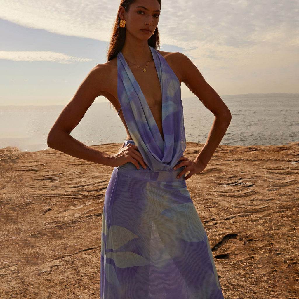 2pcs Tie Dye Printing Deep V-neck Suits Fashion Halter Backless Long Dresses For Beach Party Womens Clothing - Velora