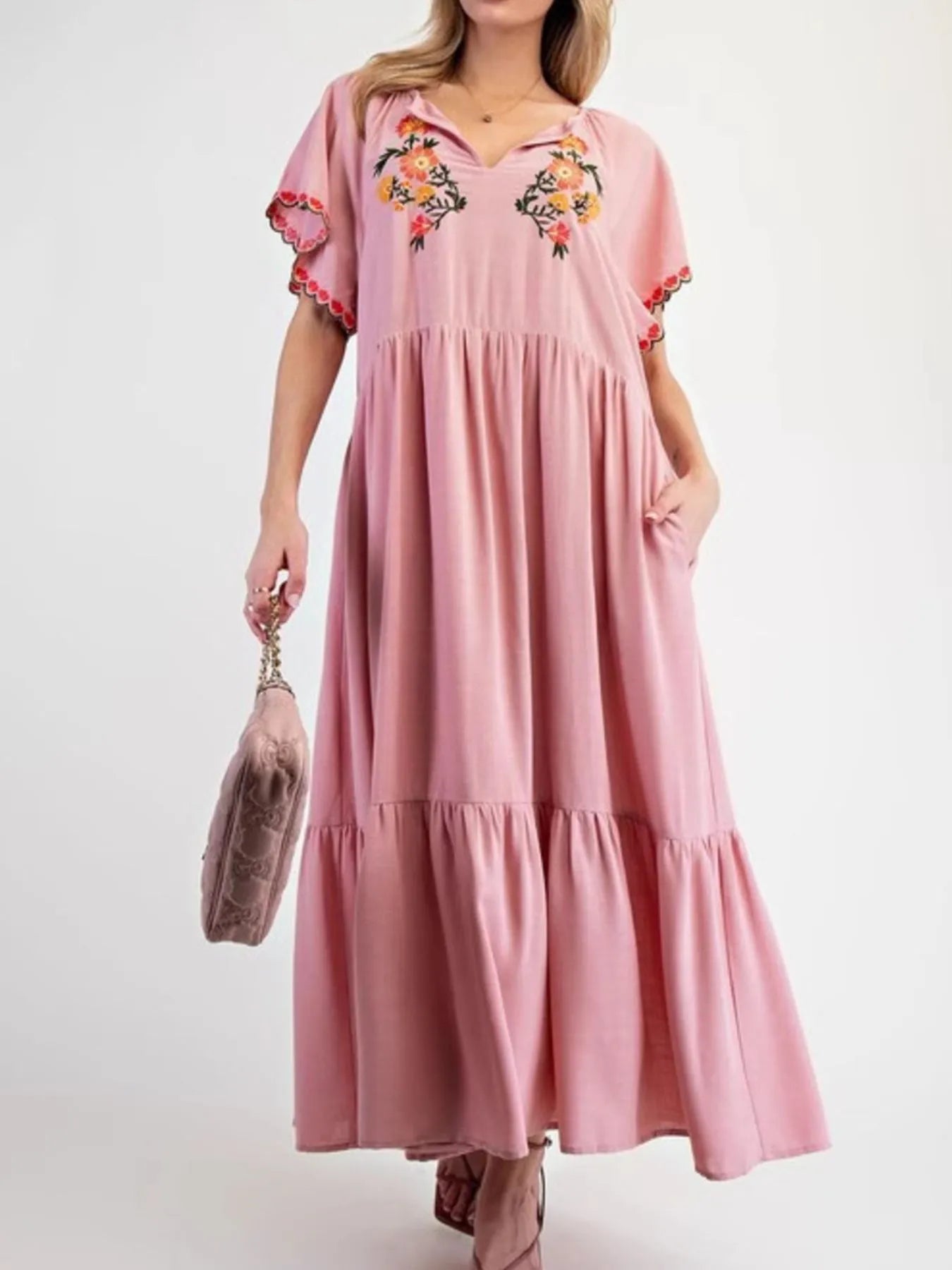 Floral Notched Flutter Sleeve Dress - Velora