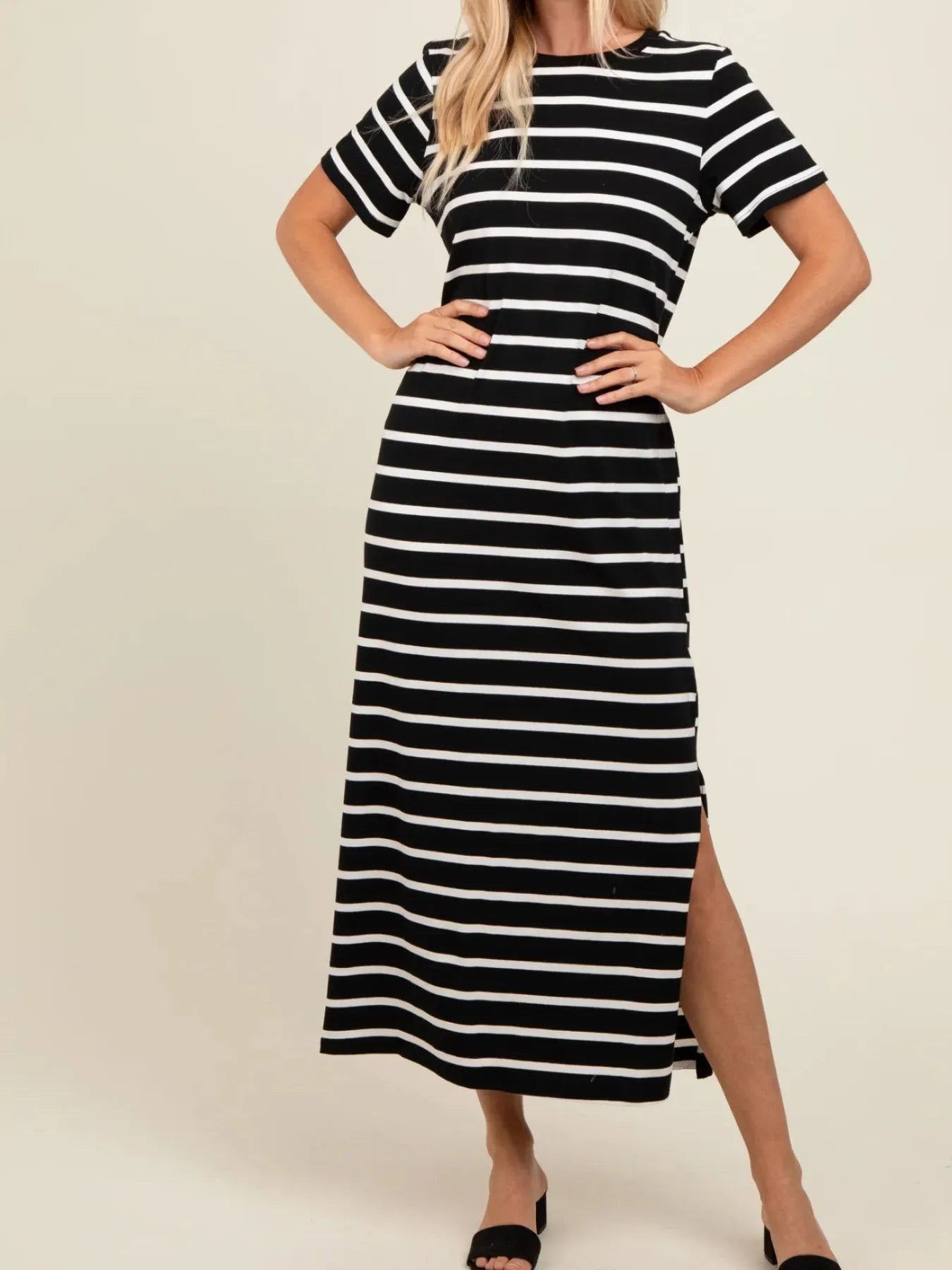 Full Size Striped T-Shirt Maxi Dress with Side Slit Plus Size - Velora
