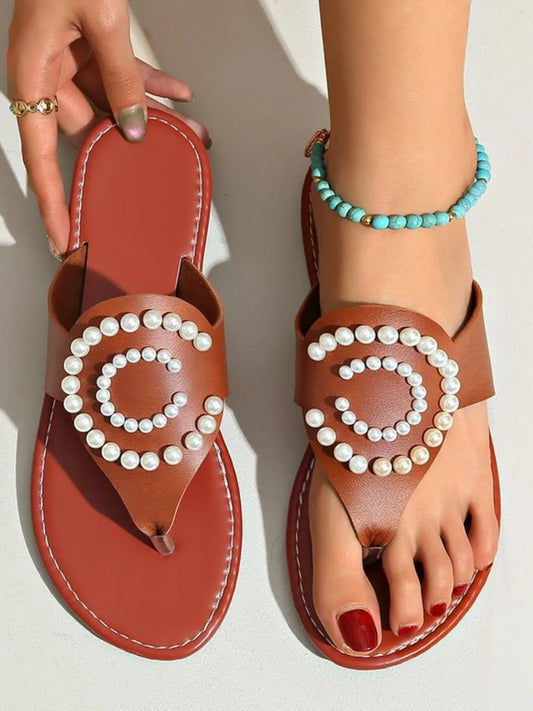 Pearl Embellished Flat Sandals - Velora